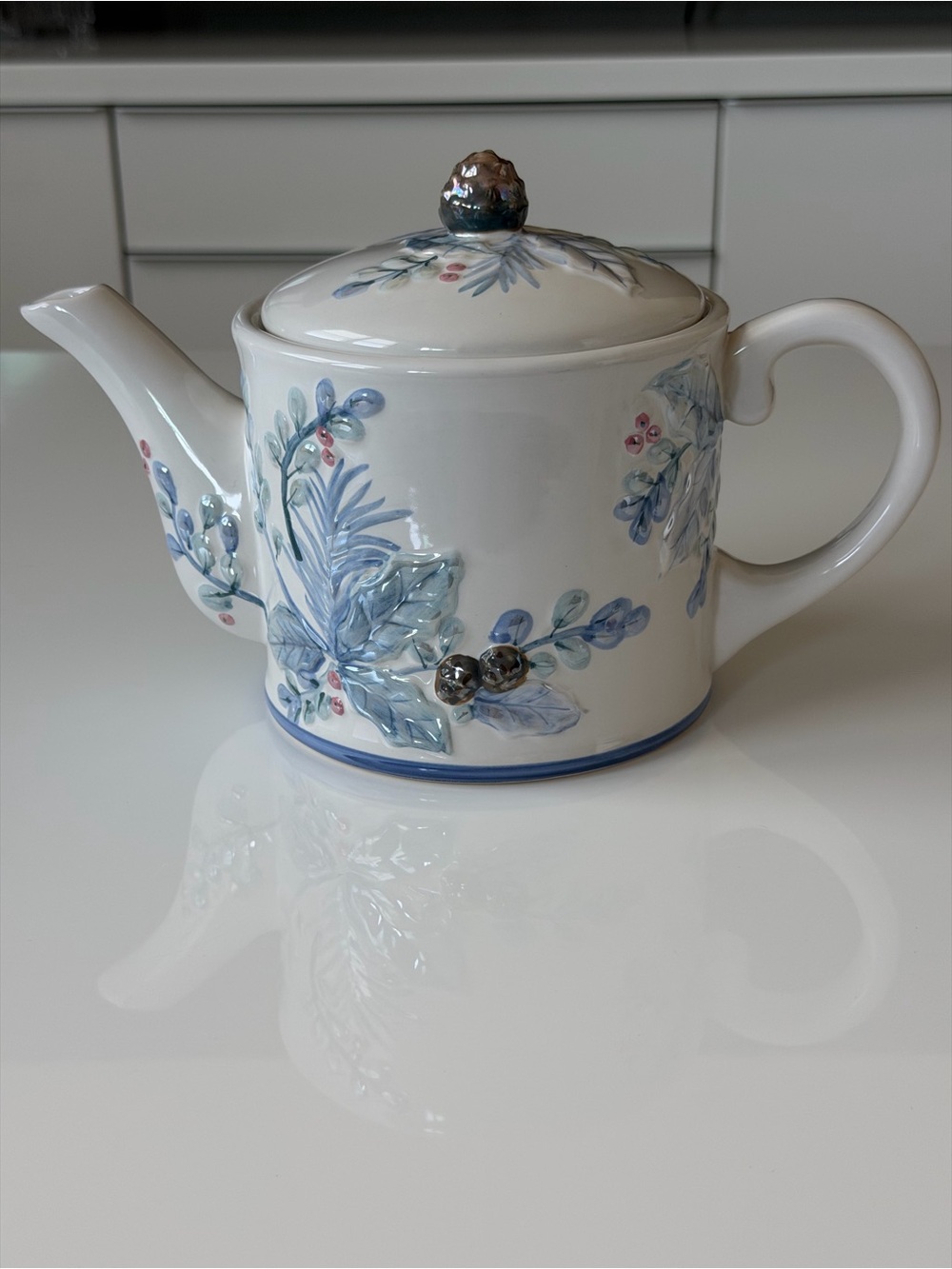 Pfaltzgraff Winter Frost Sculpted Ceramic Blue and White Floral 5 Cup Teapot